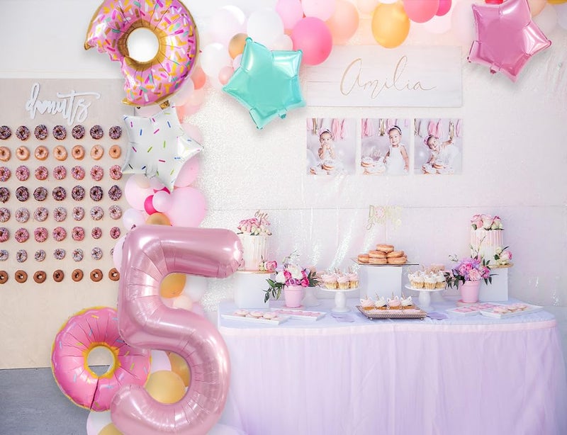 Dokuna Donut Birthday Decorations  6 PC Balloons 5th Birthday for Girls  Giant Number 5 Foil Mylar Balloon  5 Years Old Theme Party Supplies Decor (Donut-5) - Image 4